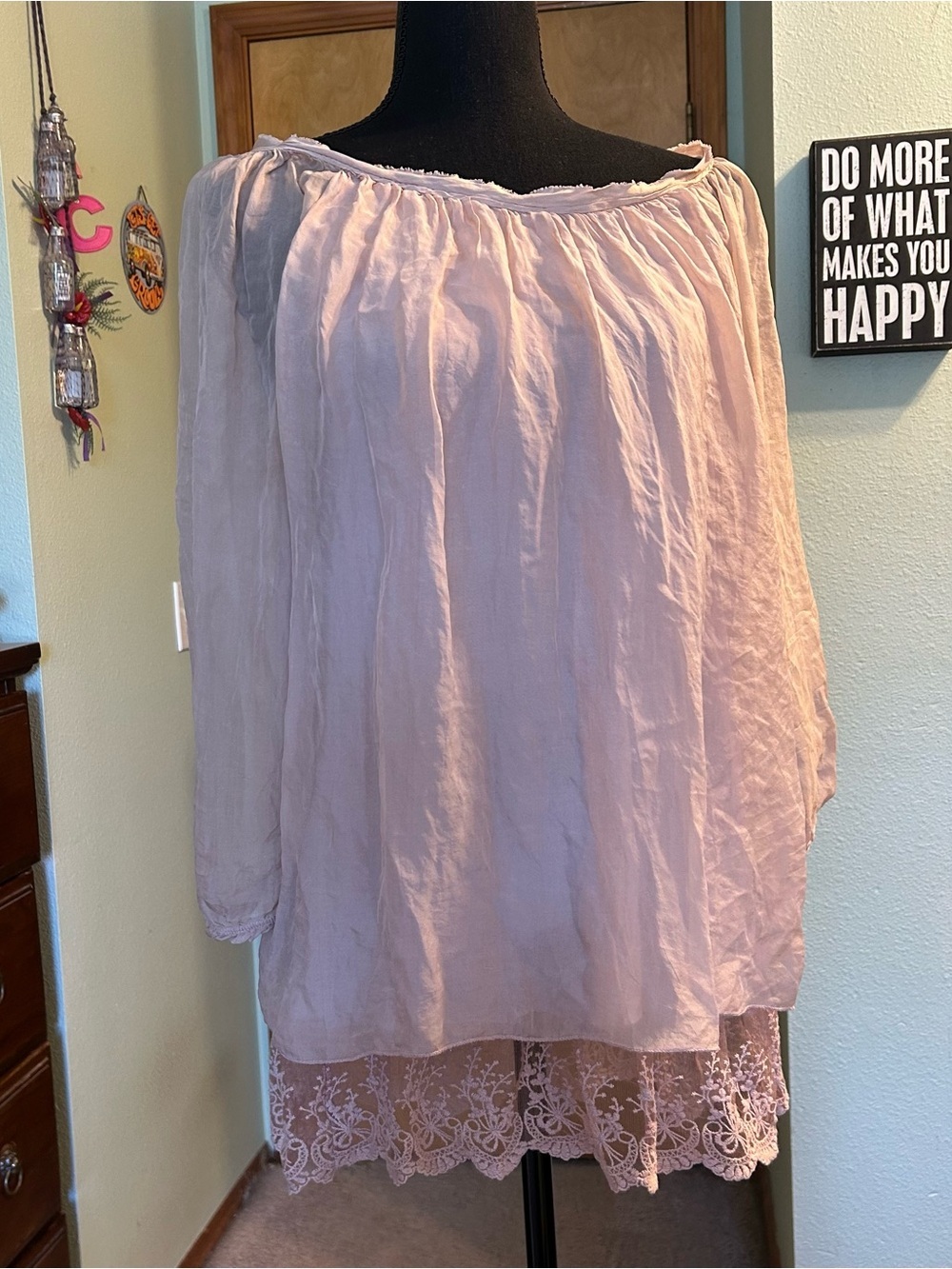 Giulia light pink long sleeve flowy silk overlay blouse built in cami size S